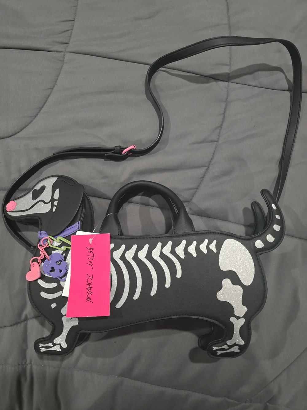 Betsey Johnson Black Dachshund Skeleton Crossbody Bag with Pink Accent